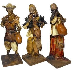 Vintage Mexican Paper Mache Handmade Folk Art Dolls 3 Figures 12" Tall